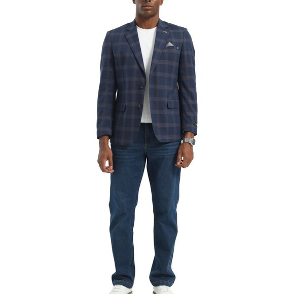 Navy Windowpane Check Notch Lapel Slim Fit Tazzio Men's Jacket - Picture 3 of 4
